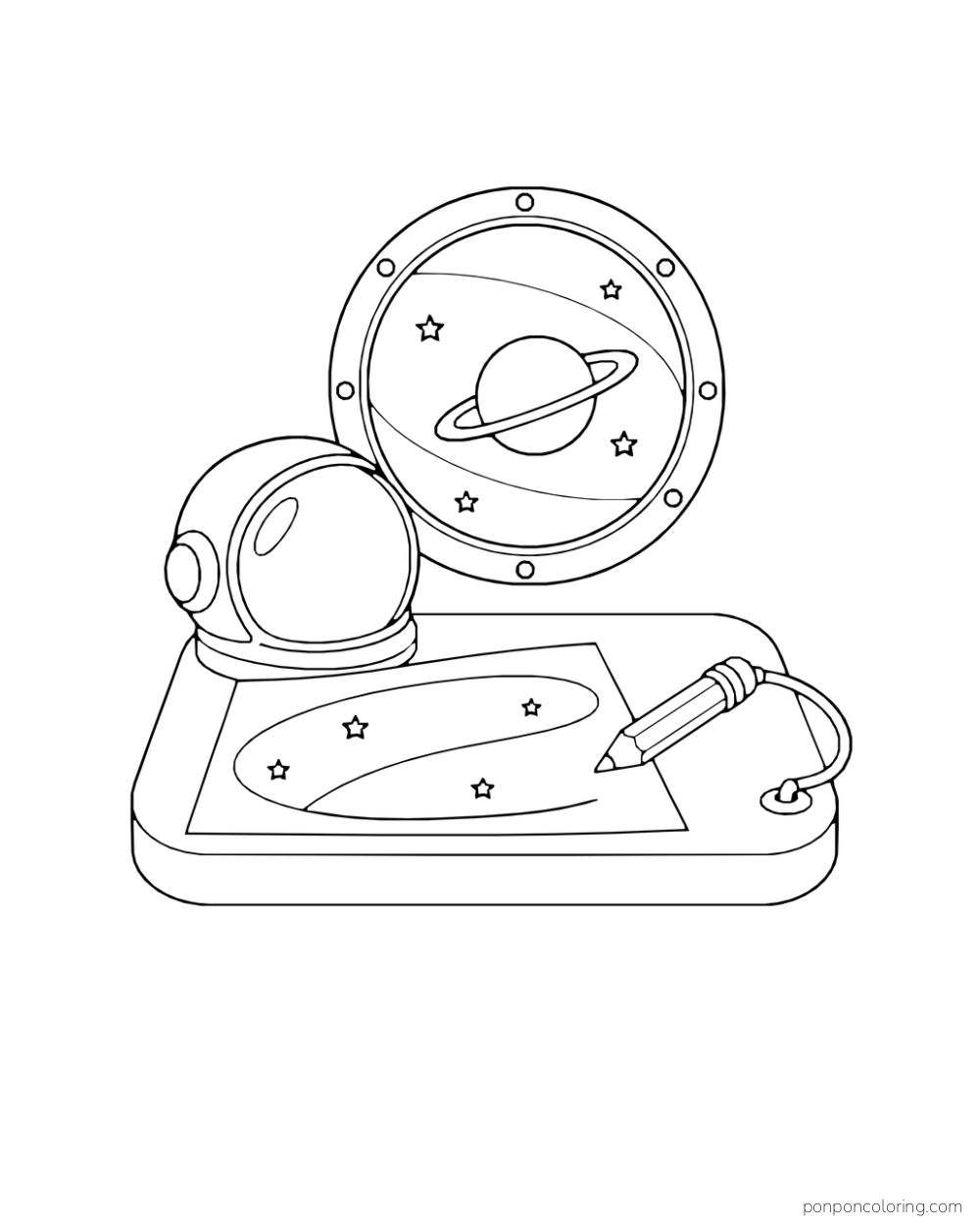 A helmet, star chart, and tethered pencil rest at a desk beside a round window.