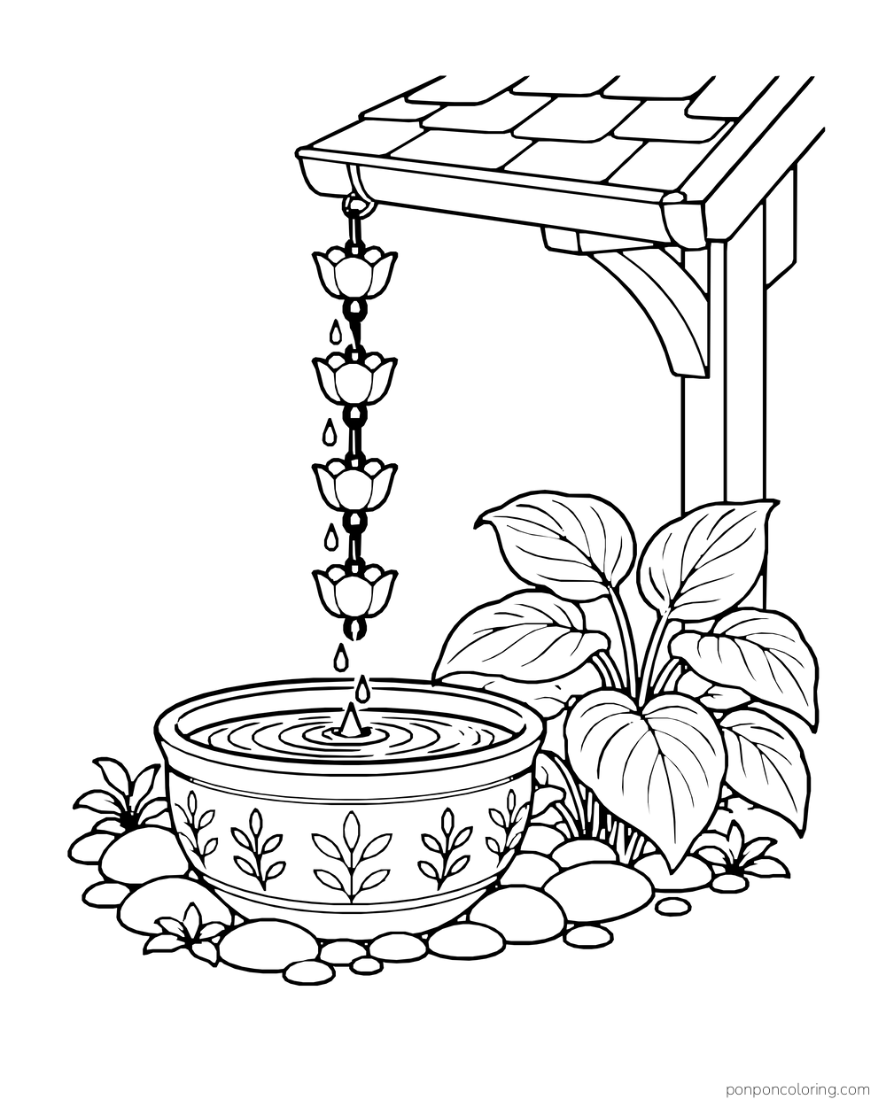 A rain chain carries drops from a roof into a bowl beside a plant.