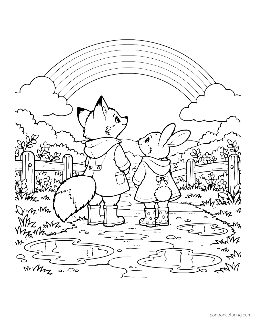 A fox and rabbit look toward a rainbow above a garden path dotted with puddles.