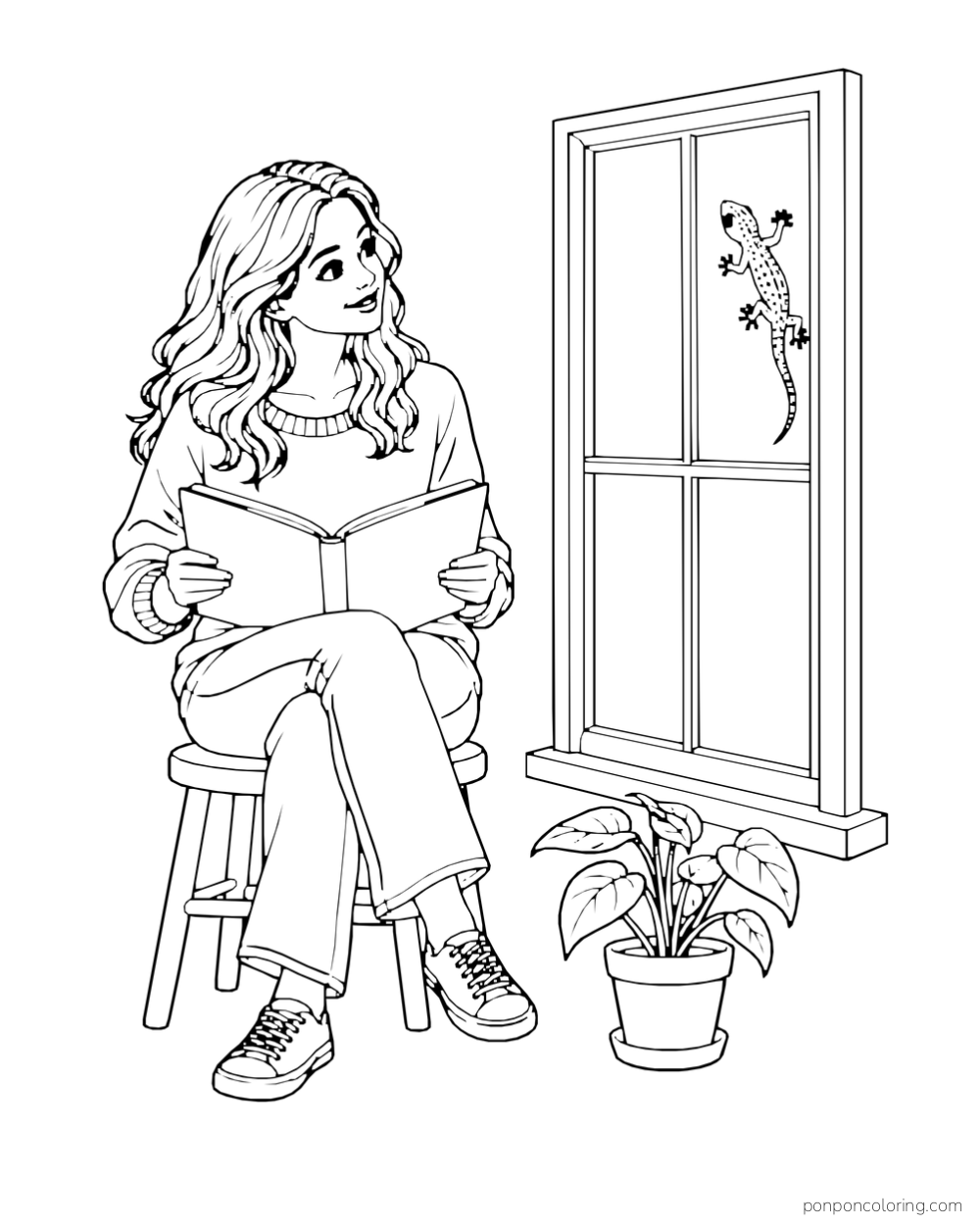 A seated adult reads an open book while a small gecko clings to the nearby windowpane above a potted plant.