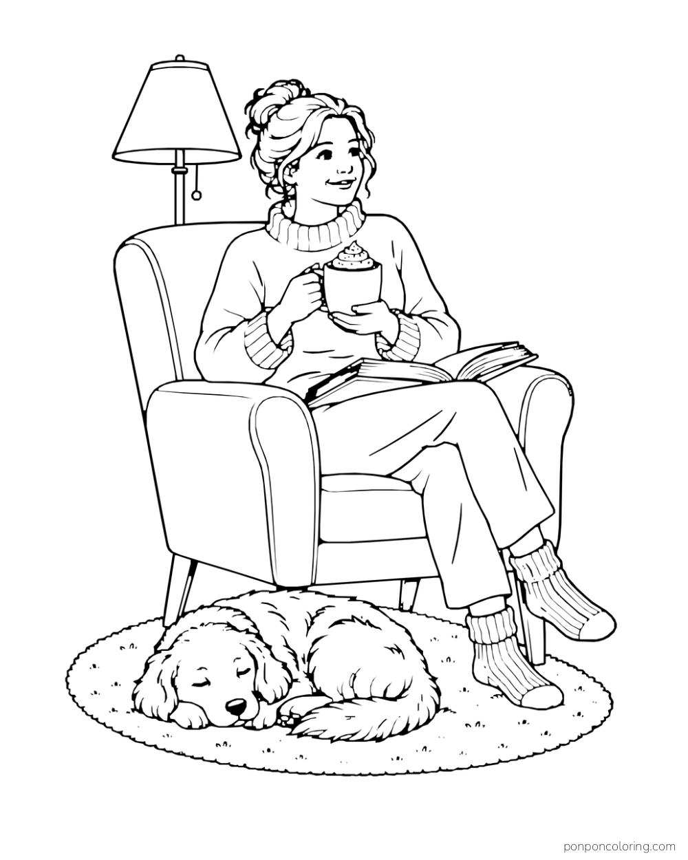 A woman reads in an armchair with a cocoa mug while a dog sleeps on a round rug below.