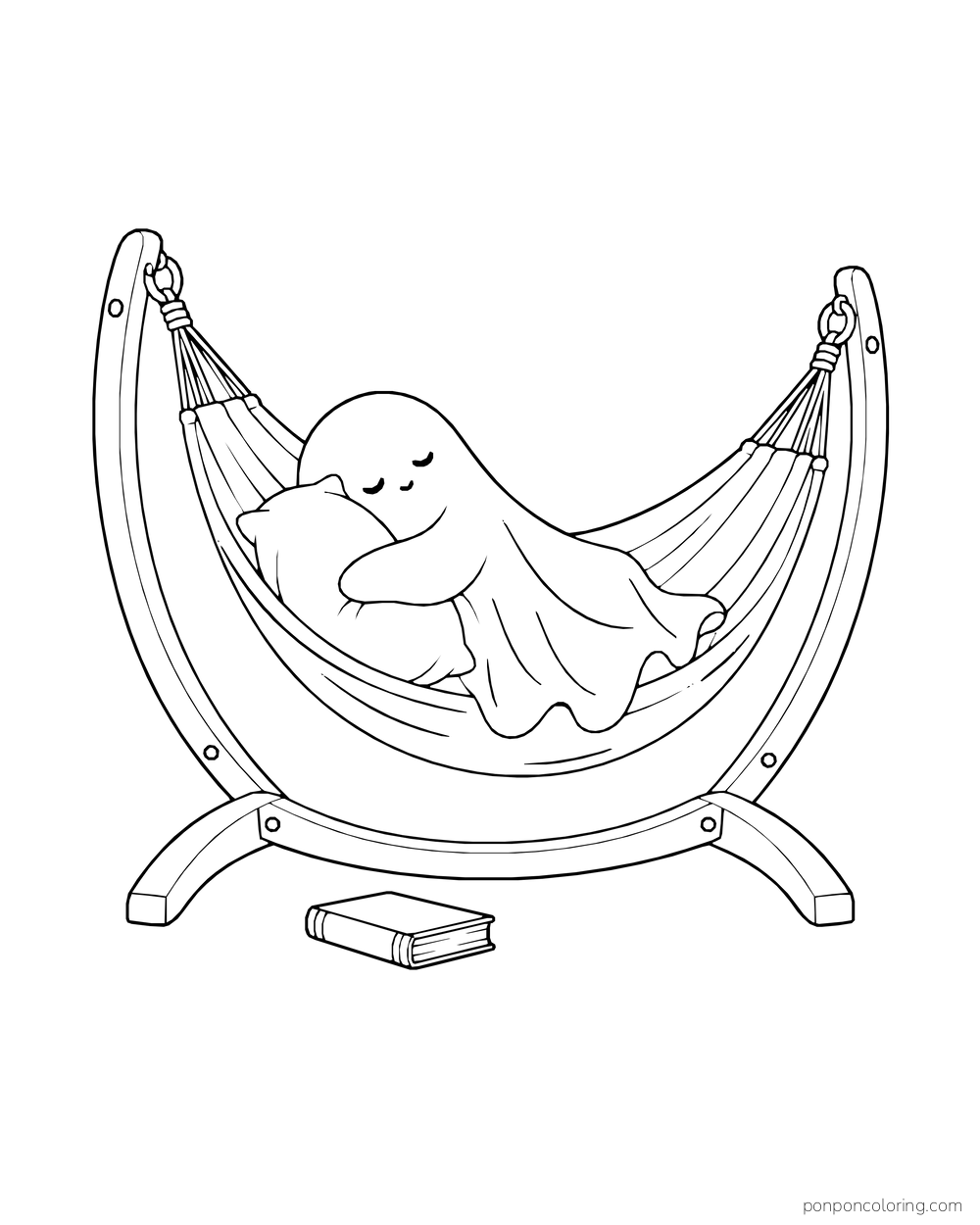 A ghost reclines in a hammock with a closed book below it.