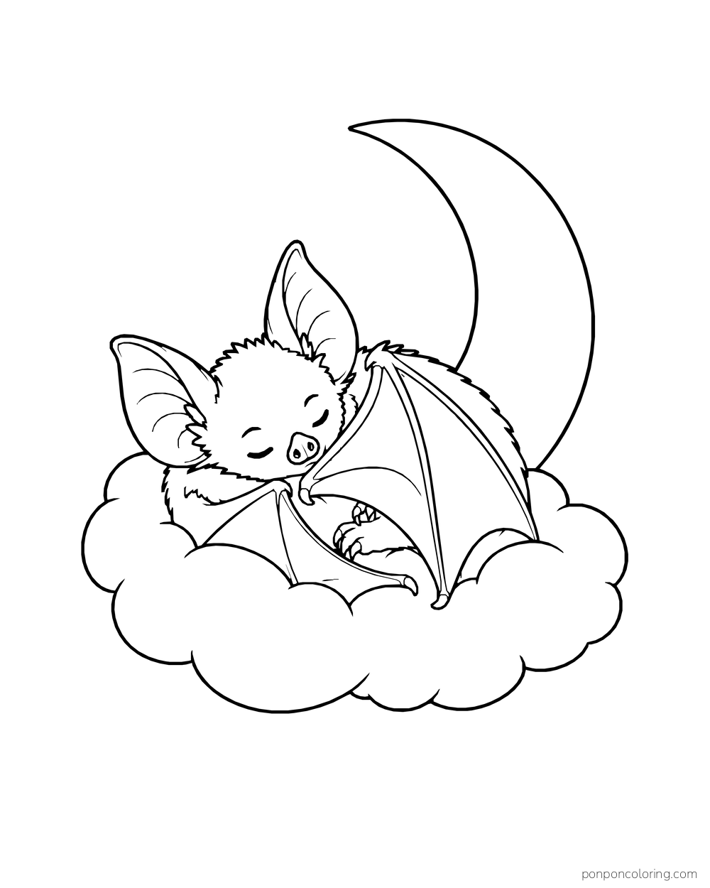 A sleeping bat curls on a fluffy cloud beneath a large crescent moon.