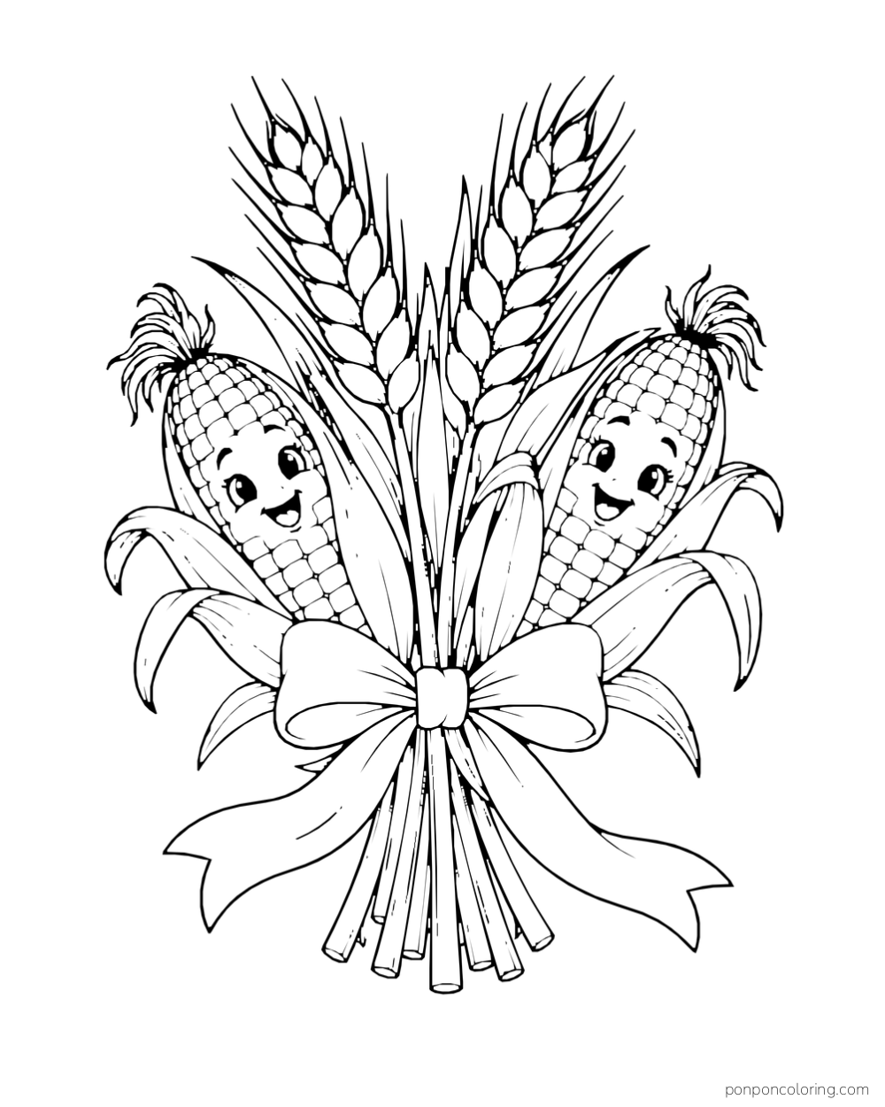 Two smiling ears of corn and wheat stems form a harvest bundle tied with a bow.