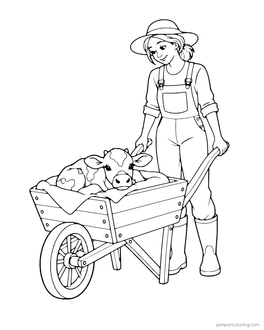 A calf rests in a wheelbarrow pushed by a farmer.
