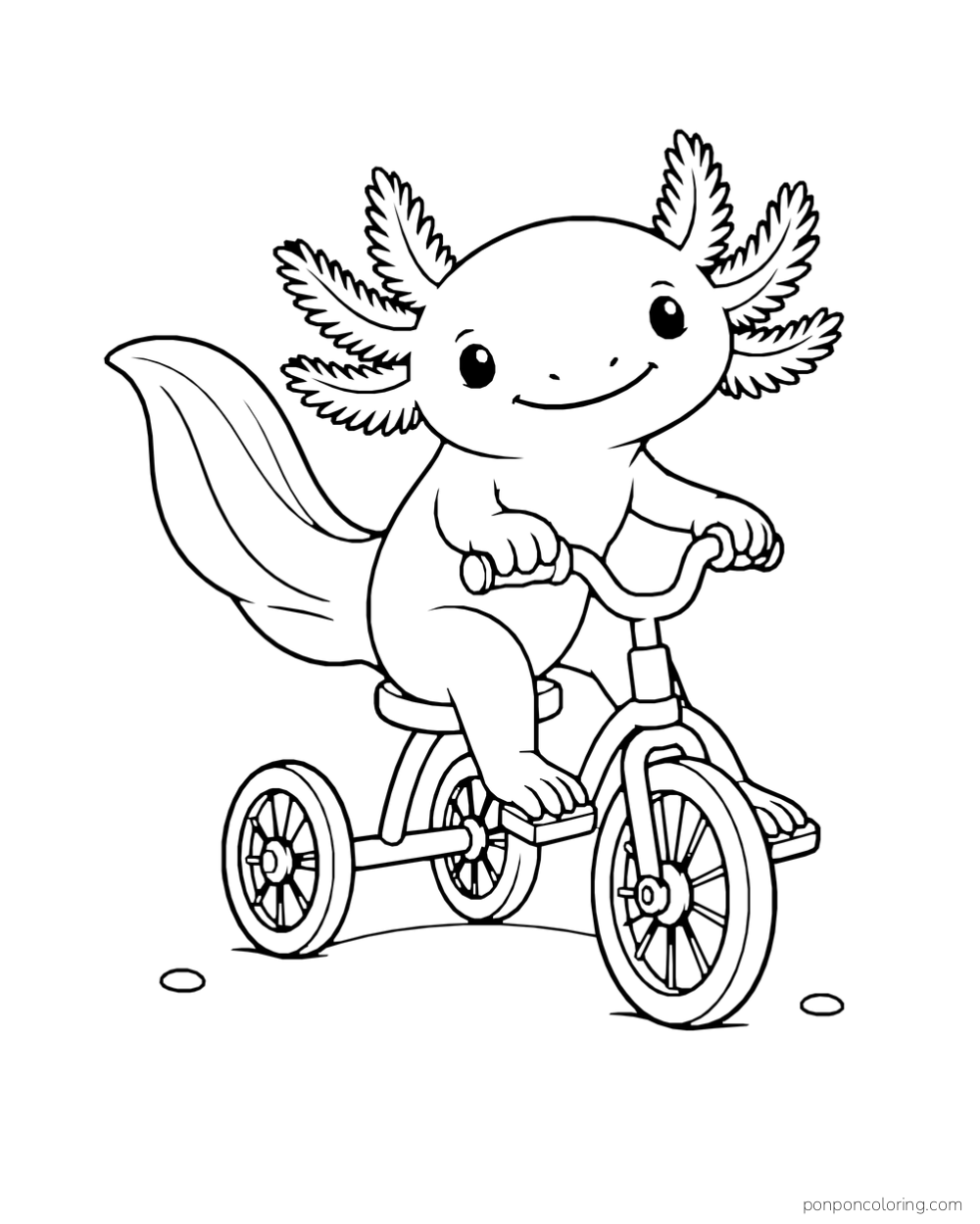Axolotl riding a three-wheeled tricycle with both hands on the handlebars.