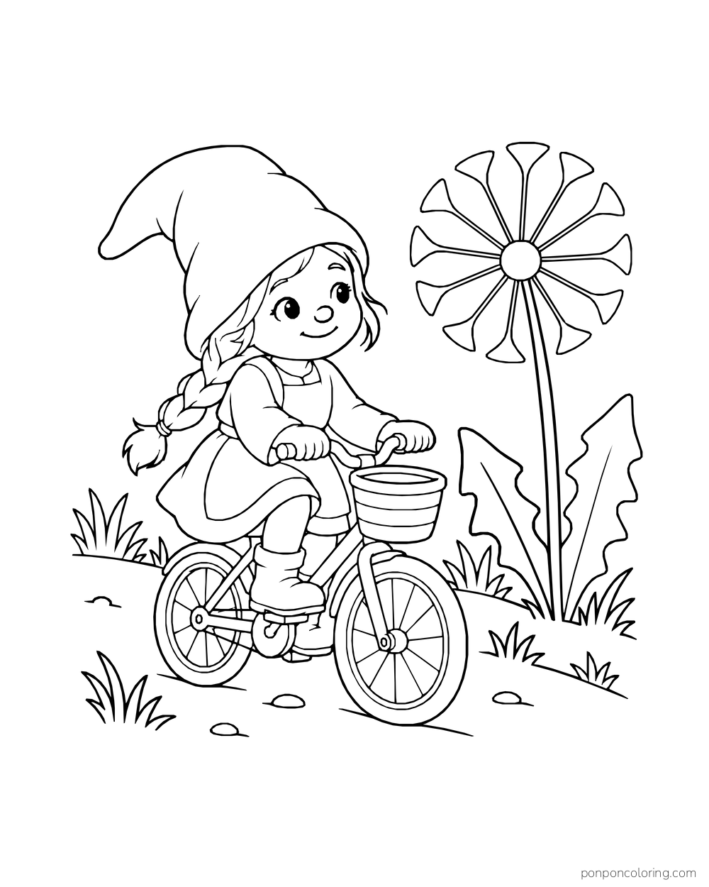 Braided gnome riding a small bicycle past a tall dandelion.