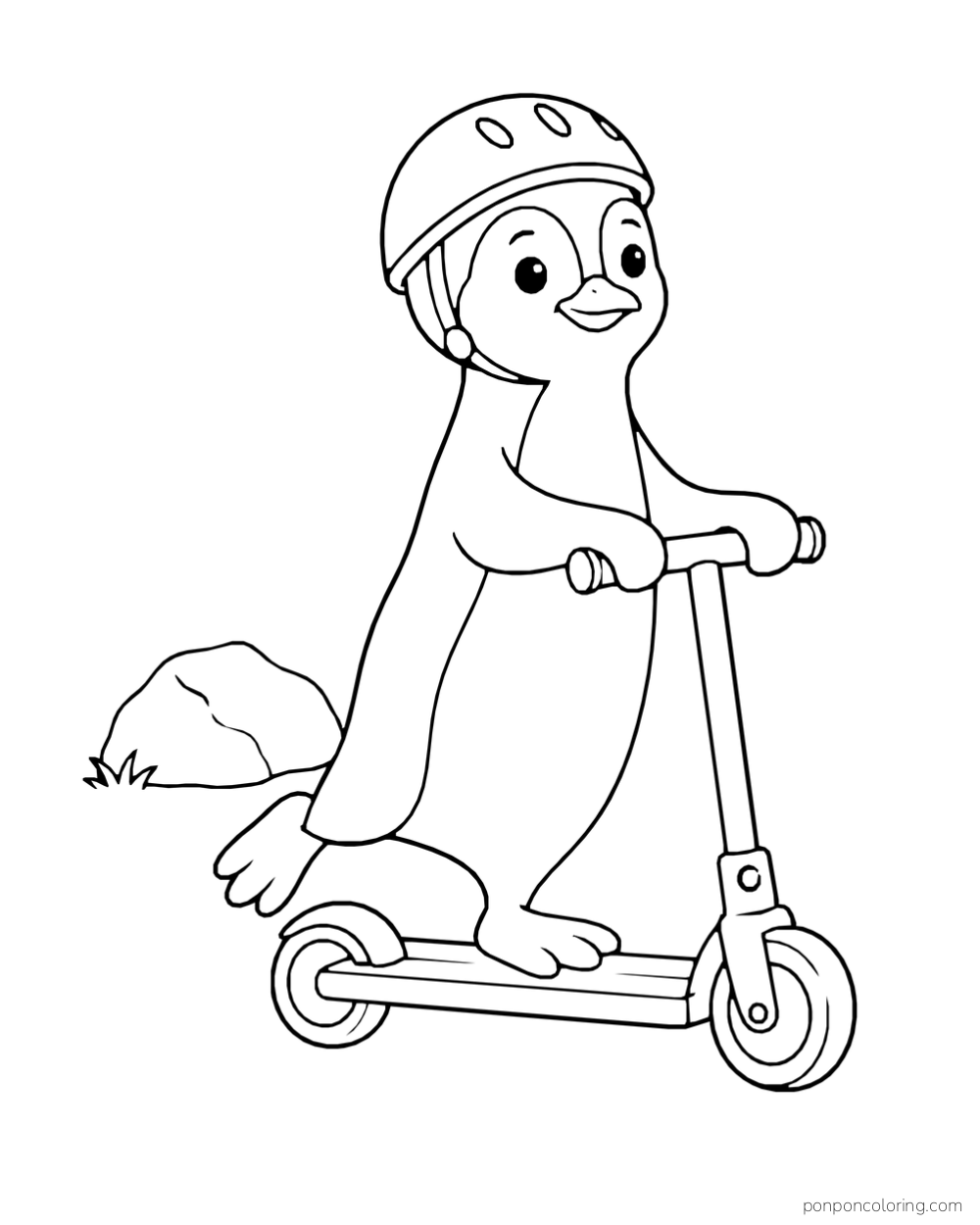 A penguin wearing a helmet rides a scooter past a low rock.