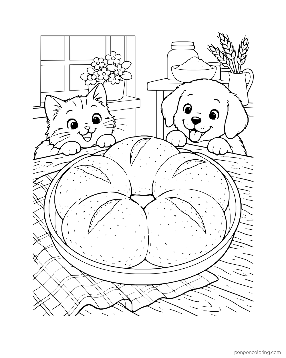 A puppy and kitten watch a ring of joined bread rolls on a plate.