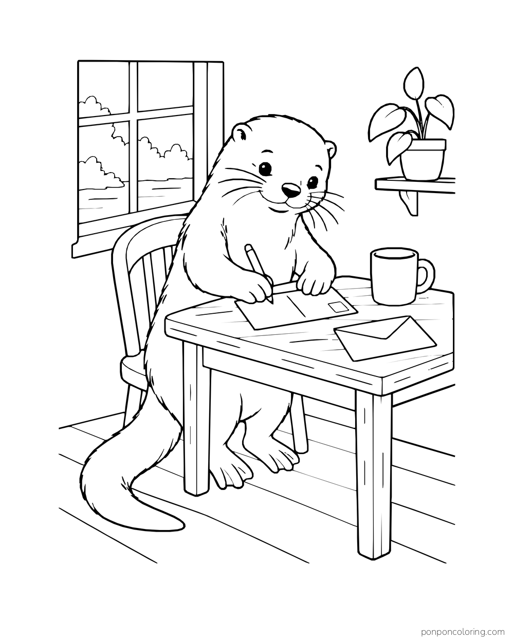 Otter writing on a blank card at a desk beside an envelope and mug.