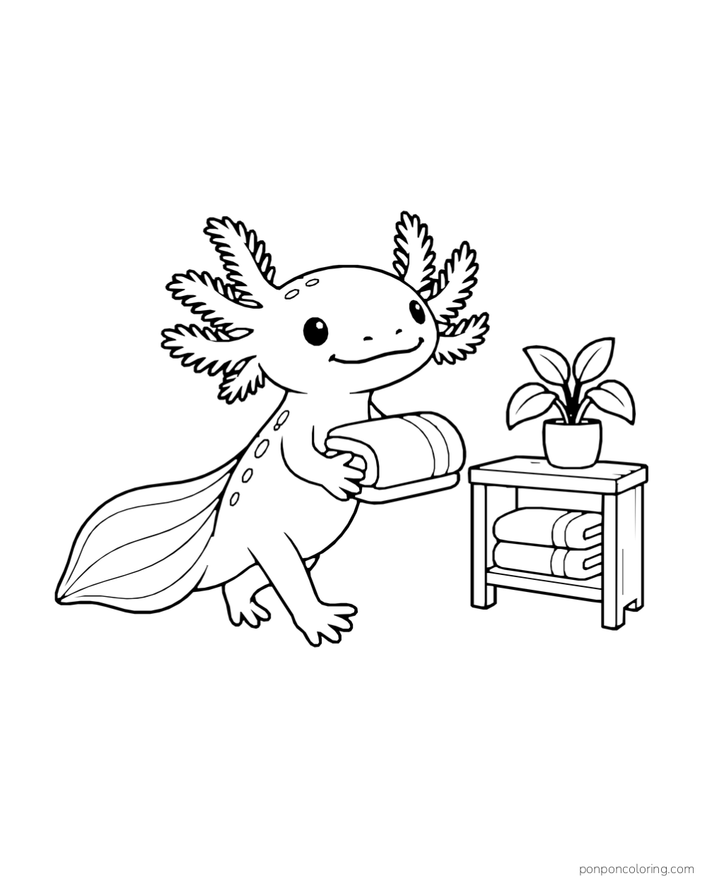 Axolotl carrying a rolled blanket toward a small shelf with two folded blankets and a plant.