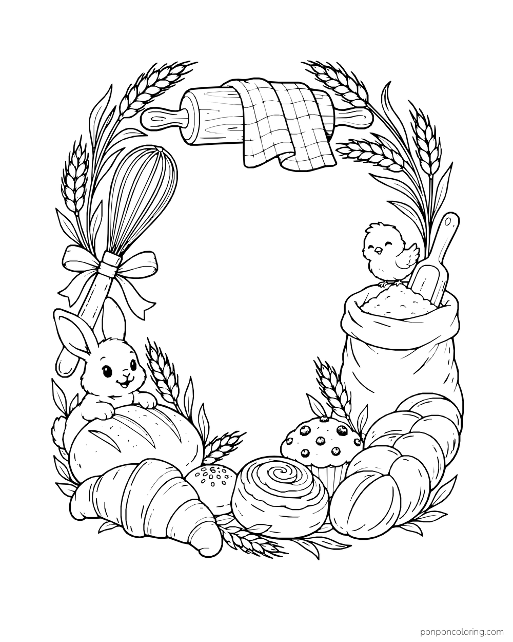 A loose decorative frame of a rolling pin, whisk, flour sack, wheat, and pastries surrounds an open center.