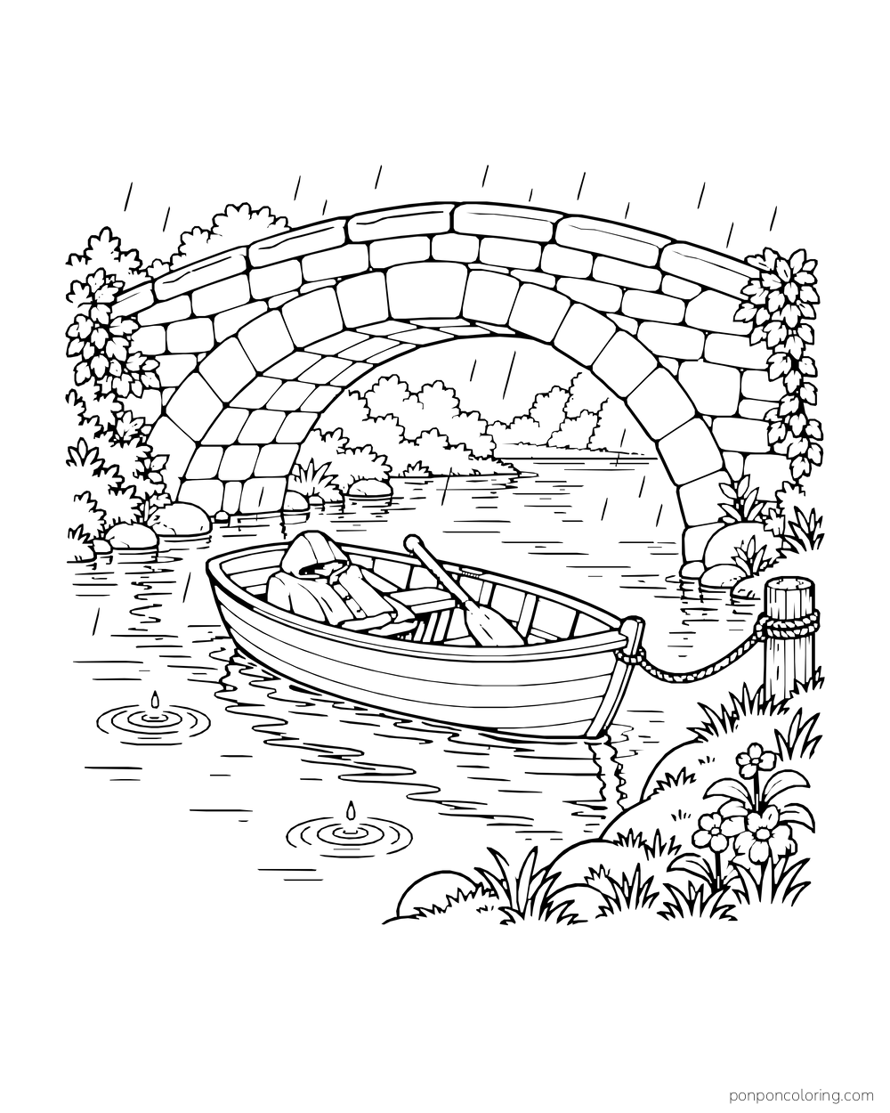 An unoccupied rowboat with a paddle rests under a stone bridge in the rain.