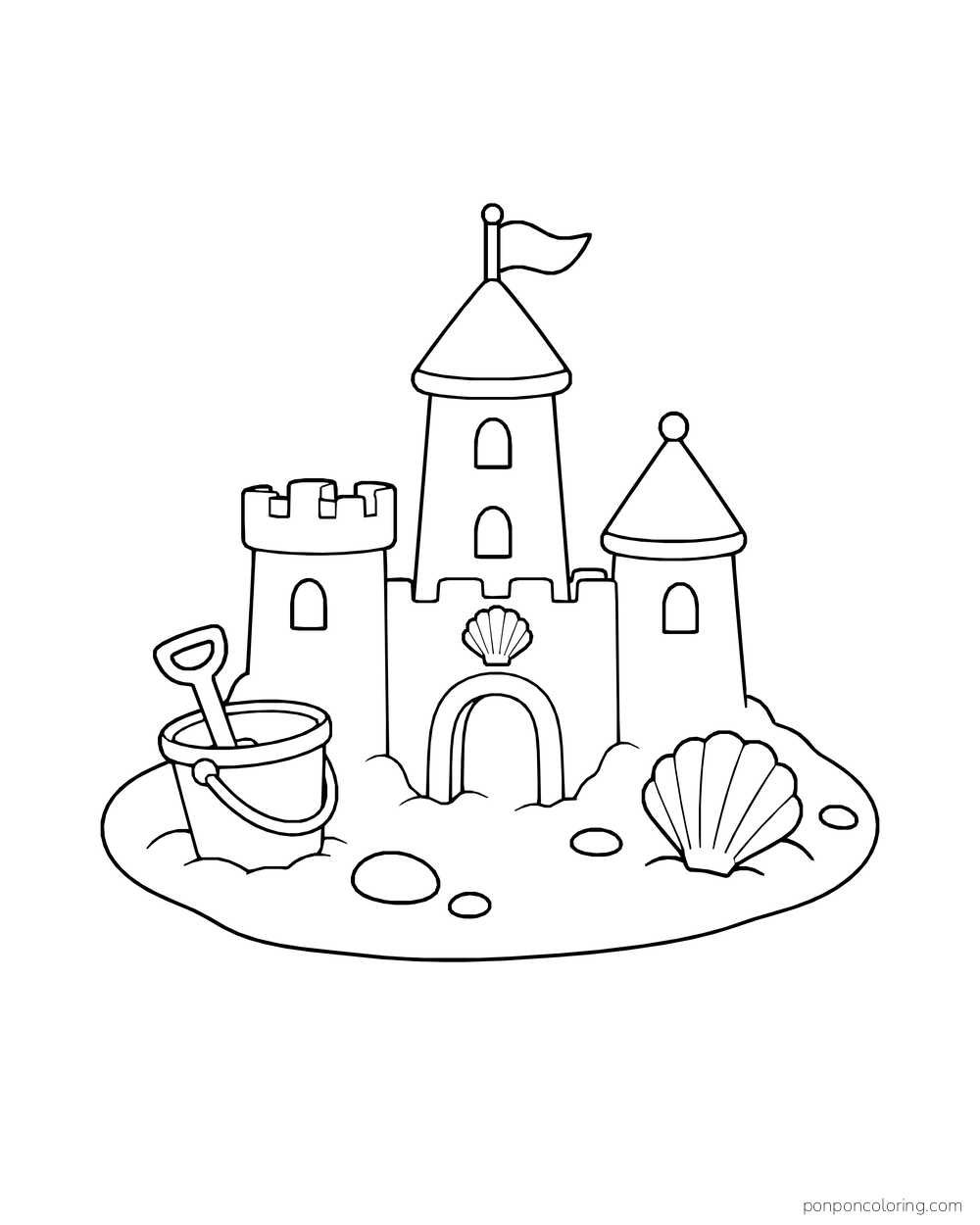 A three-turret sandcastle with an arched tunnel beside a bucket, spade, and scallop shell on a sand patch.