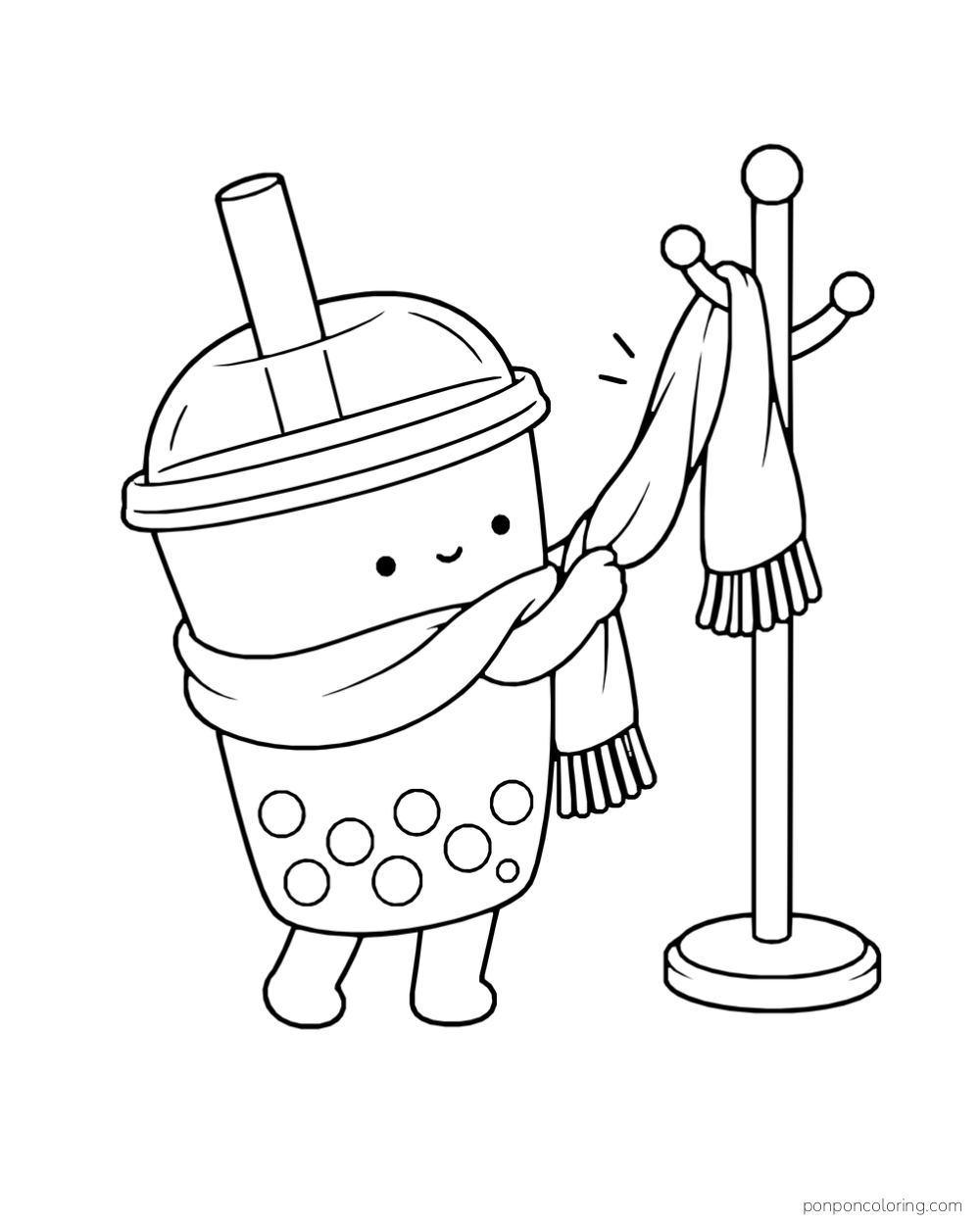 A bubble tea cup pulls its scarf from a hook on a freestanding coat rack.