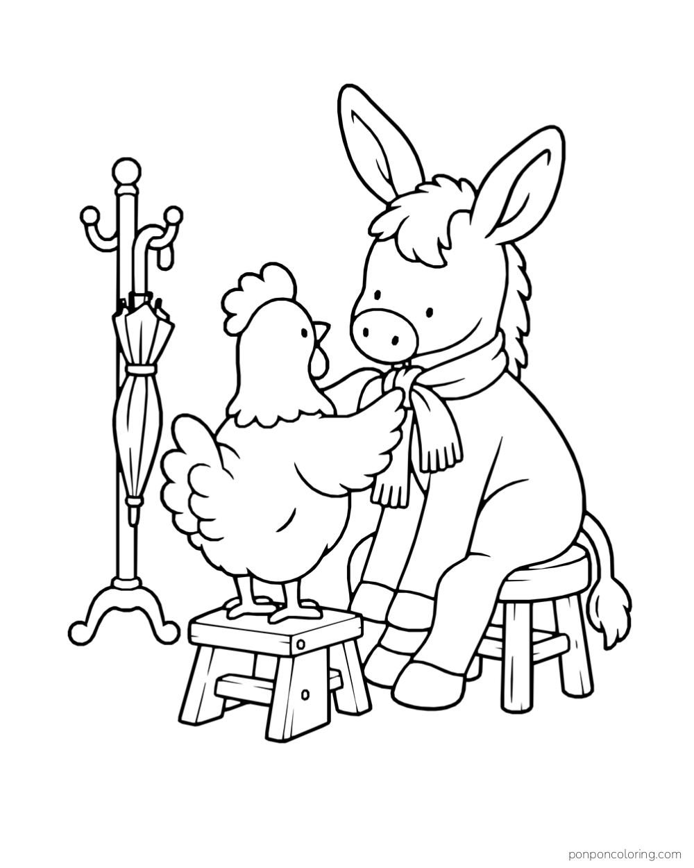 A hen stands on a step stool and ties a scarf around a seated donkey, beside a coat rack and umbrella.