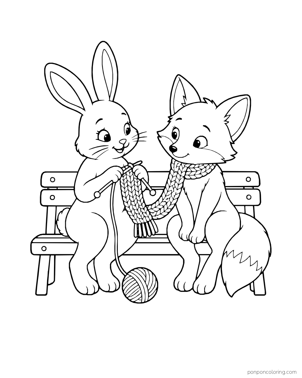 A rabbit knits while a fox holds the growing scarf on a bench.