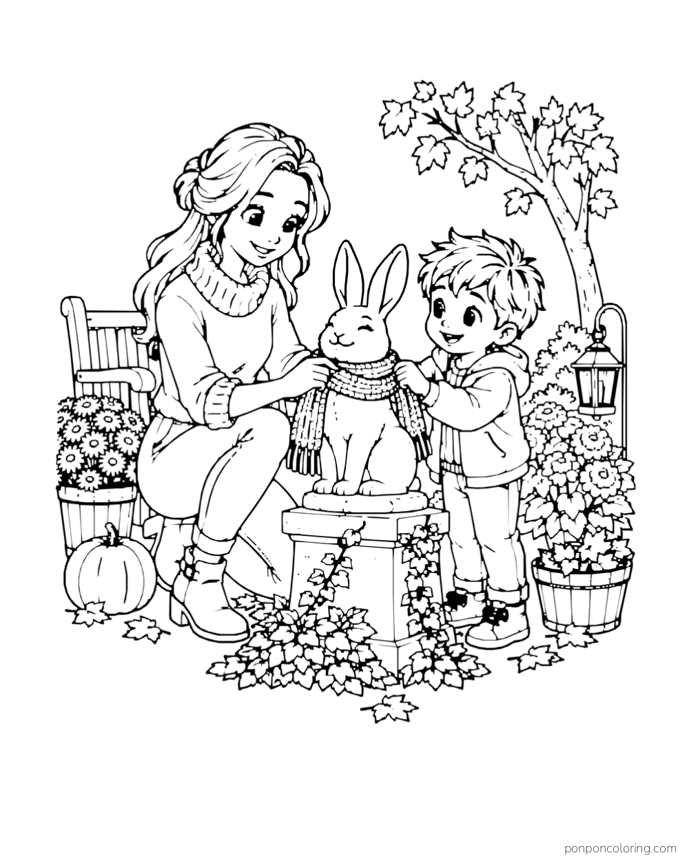 A mother and son wrap a scarf around a rabbit garden statue beside flowers and pumpkins.
