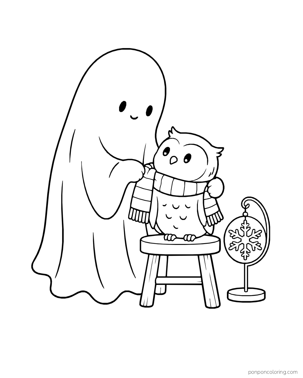 A ghost wraps a scarf around an owl on a stool beside a snowflake ornament.