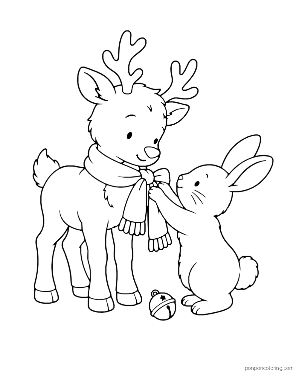 A rabbit ties a scarf around a young reindeer beside a small jingle bell.