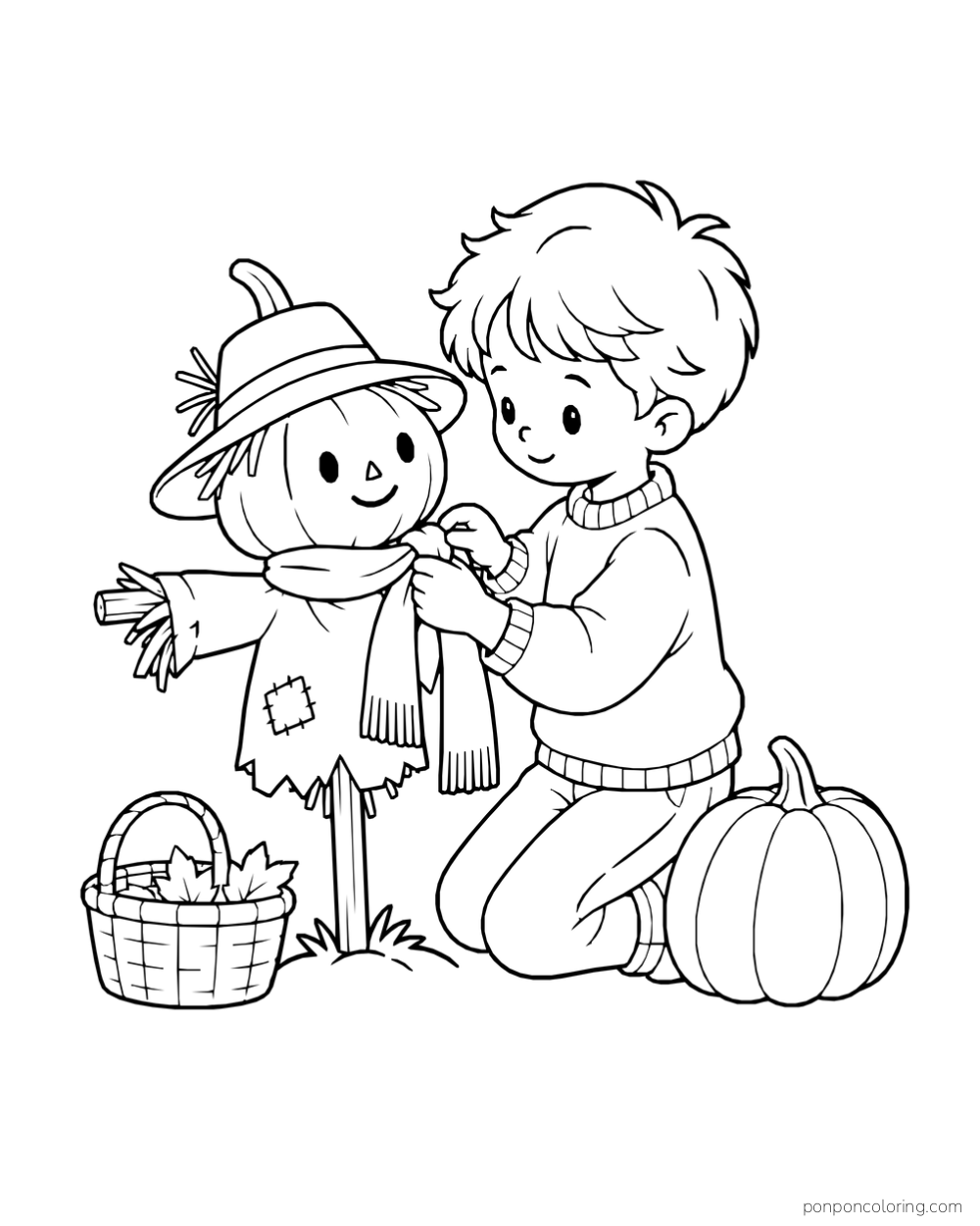 A kneeling boy ties a scarf on a smiling pumpkin-headed scarecrow beside a basket of leaves.