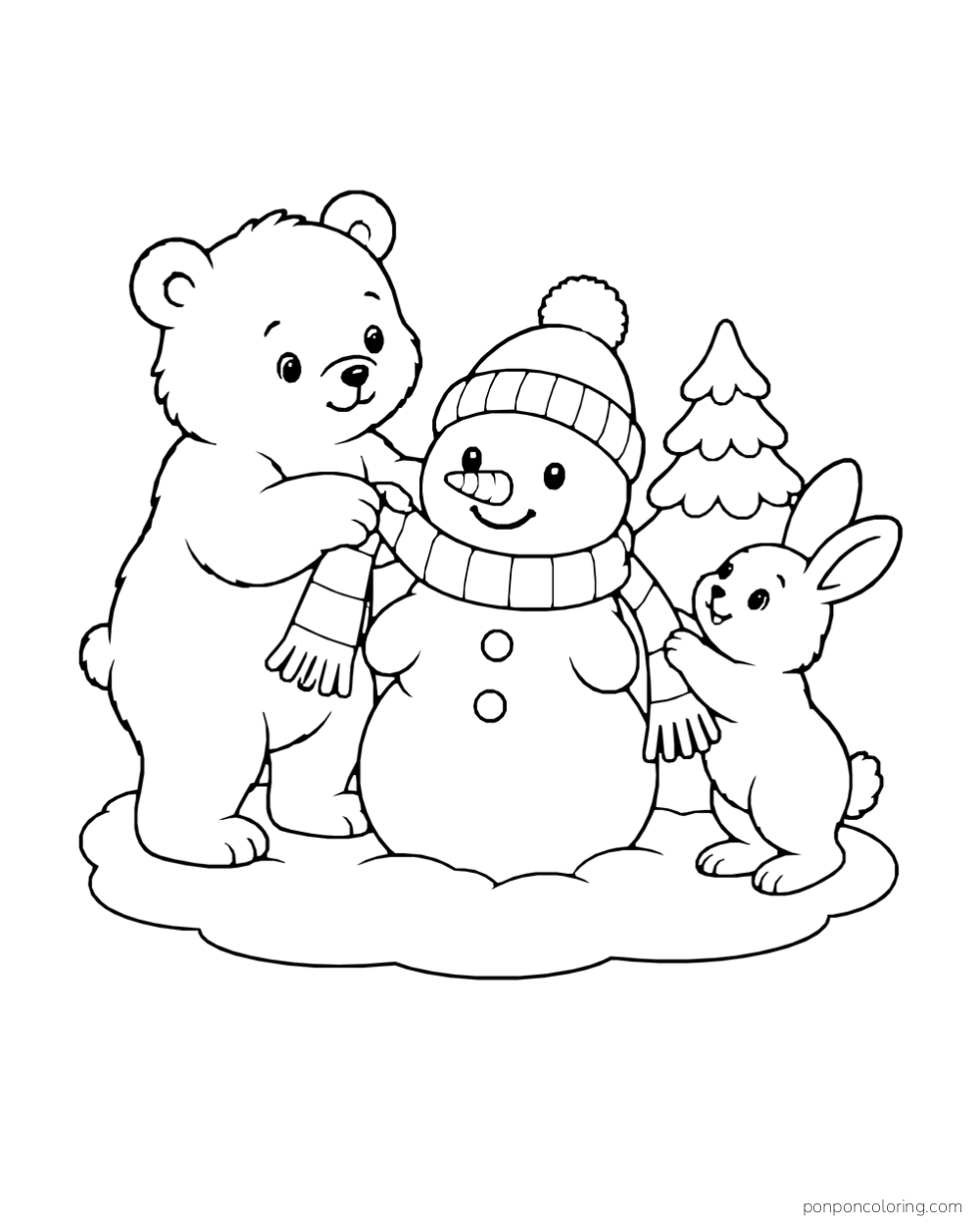 A bear cub and a rabbit hold opposite ends of a scarf around a snowman on an oval snow patch.