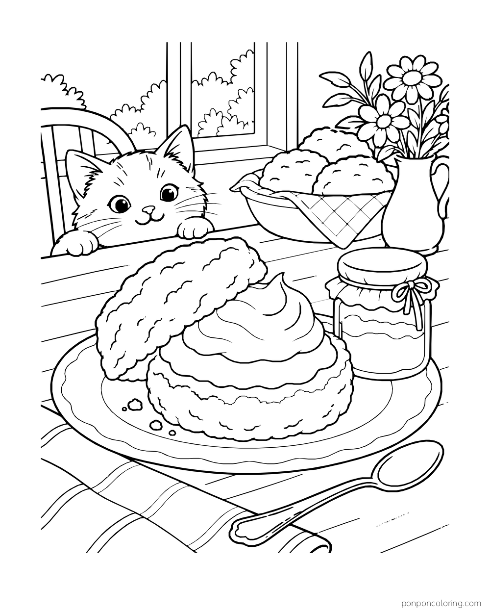 A kitten peeks at a split scone with cream and jam beside a small jar and spoon.