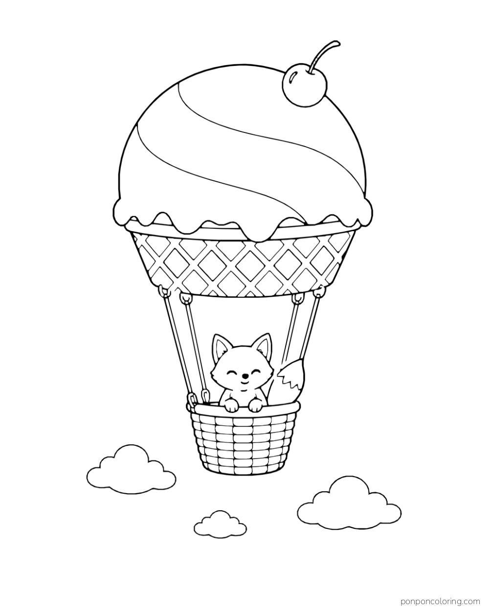 A fox rides in the basket of a fantasy hot-air balloon shaped like an ice cream scoop and waffle cone.