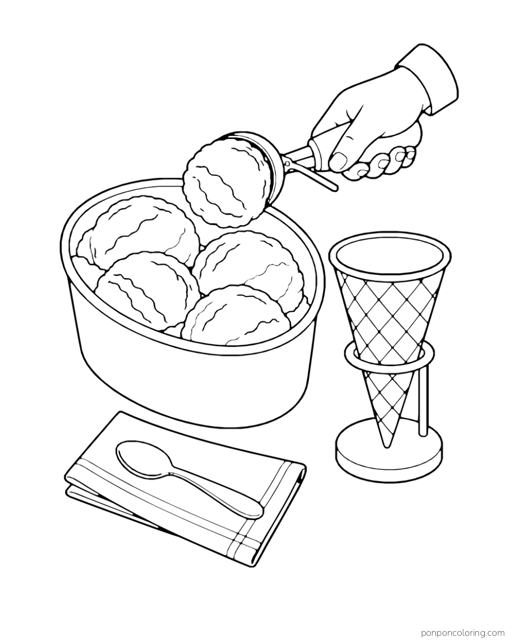 A hand lifts a round ice cream scoop from an open tub toward an empty upright cone in a holder.