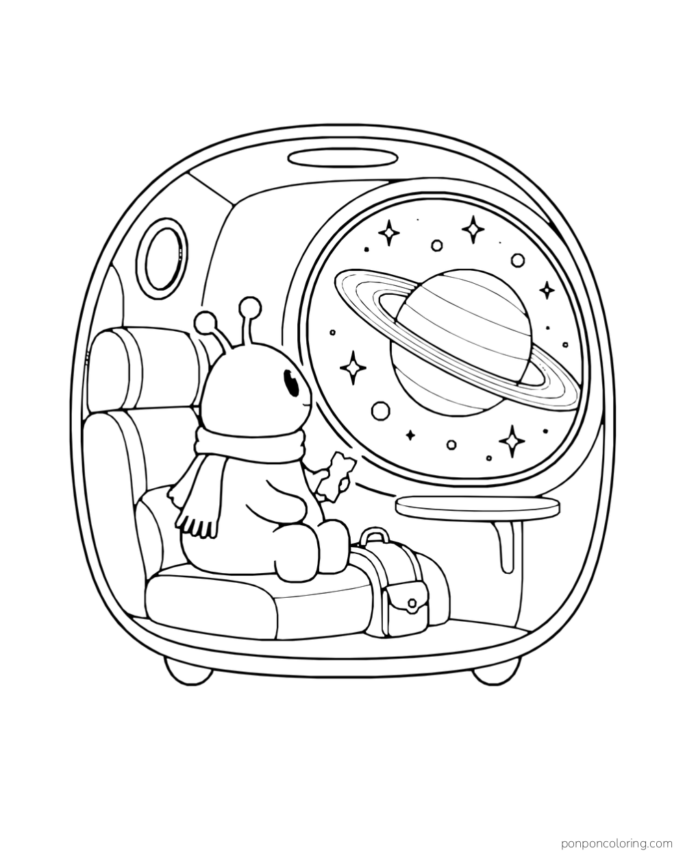 An alien holds a ticket while looking at a ringed planet through a vehicle window.