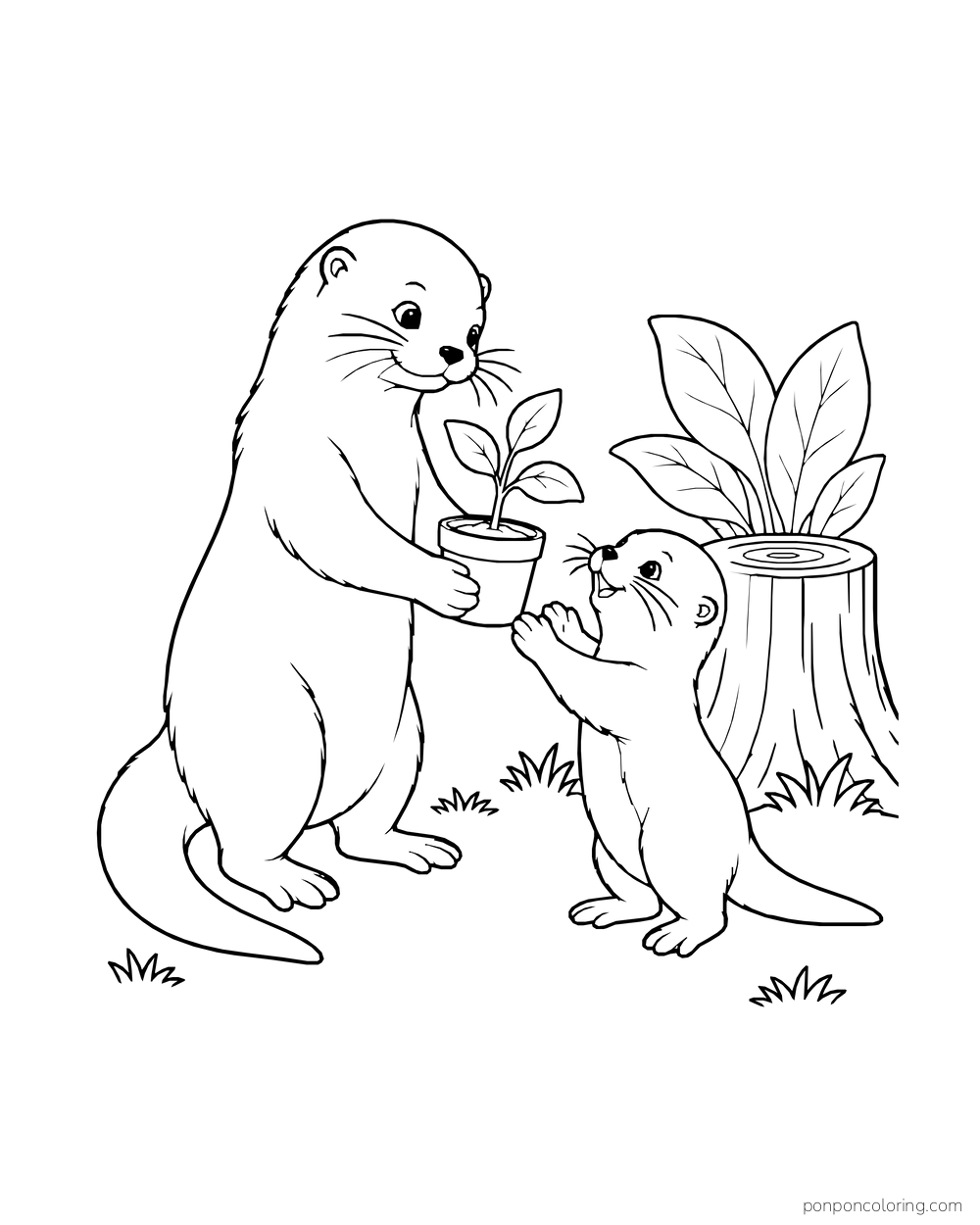Large otter handing a potted seedling to a smaller otter by a stump.