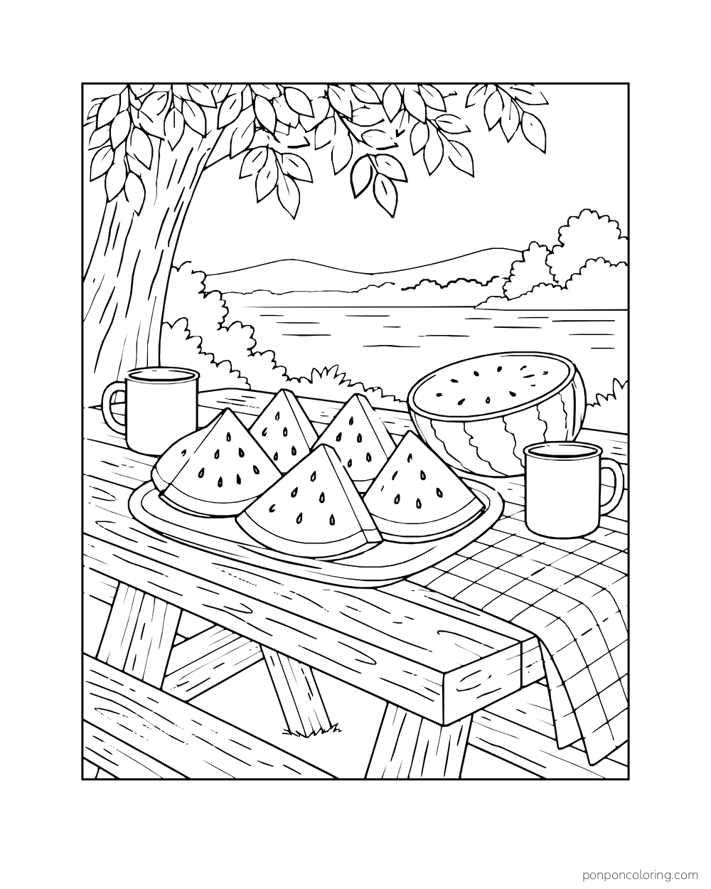 A platter of watermelon wedges and a cut half on a picnic table with two mugs.