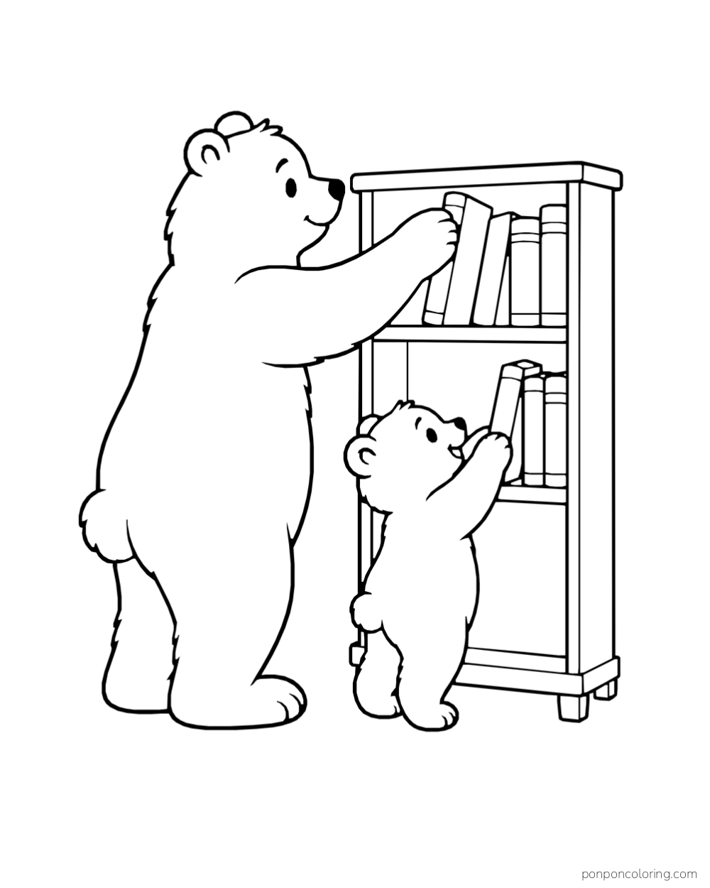 A large bear and a small bear reaching for books on different shelves.