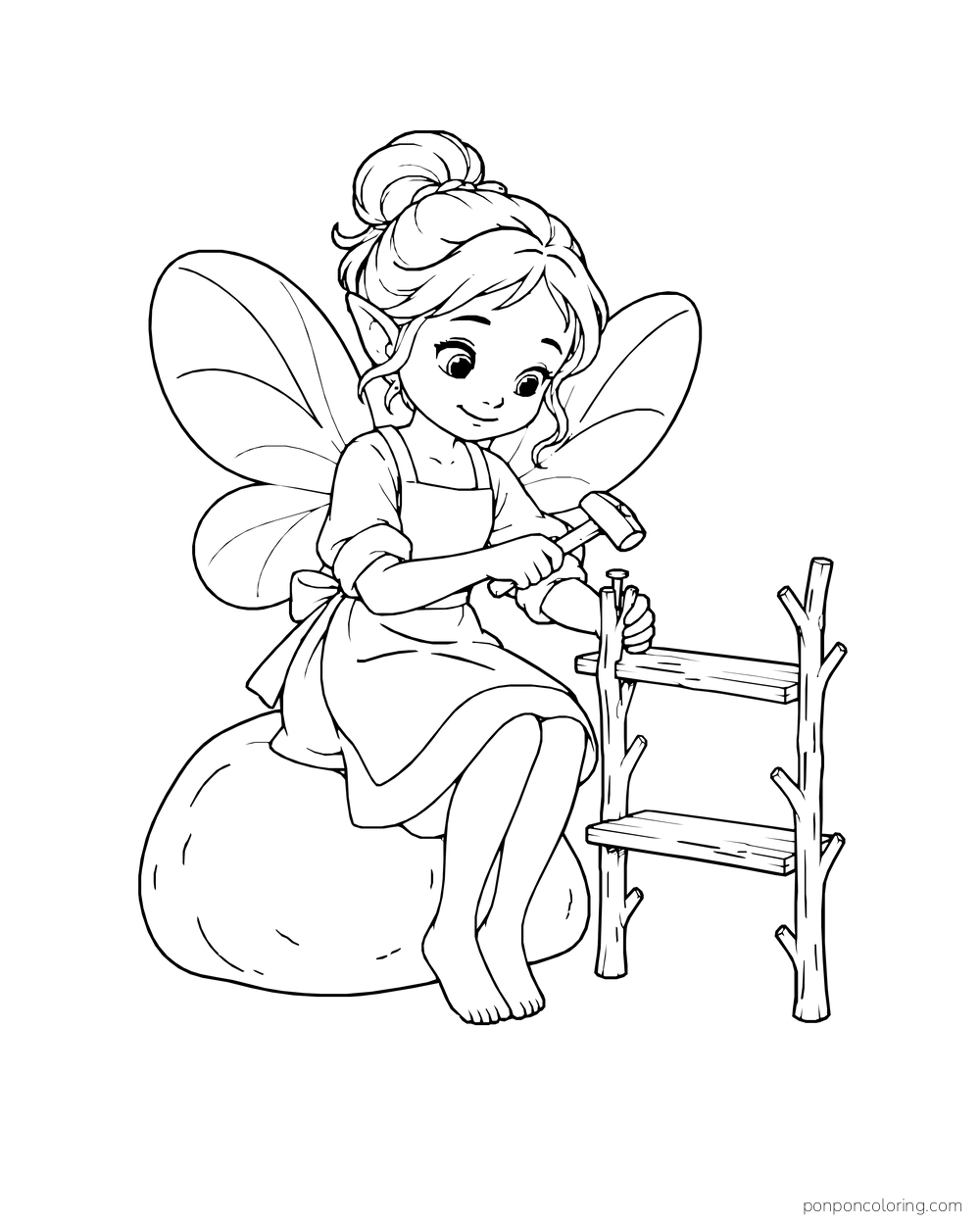 Fairy sitting on a stone and working on a small twig shelf with a hammer.