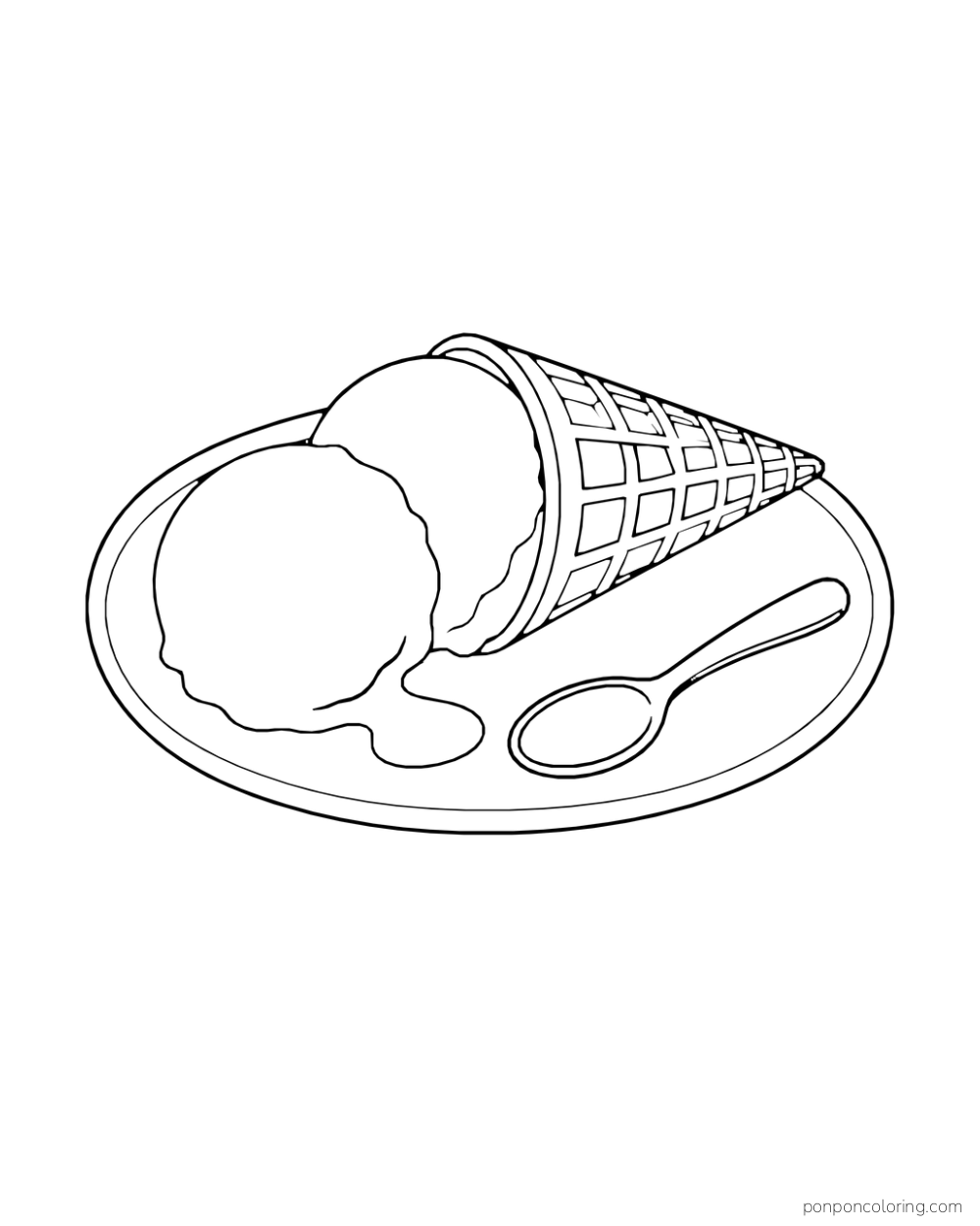 A waffle cone lies sideways beside loose ice cream scoops on a plate with a spoon.
