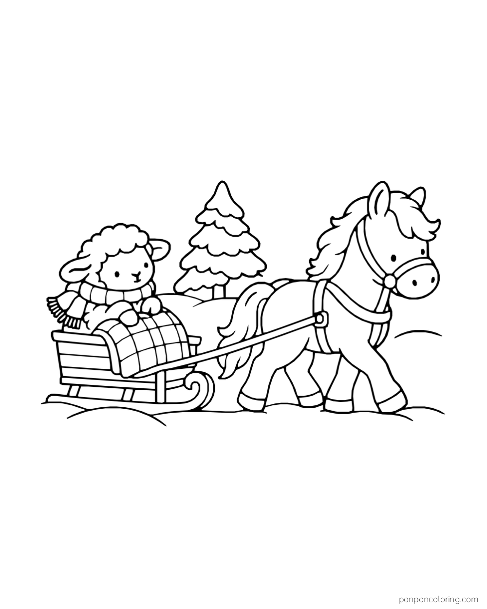 A pony pulls a lamb on a sled through snow.
