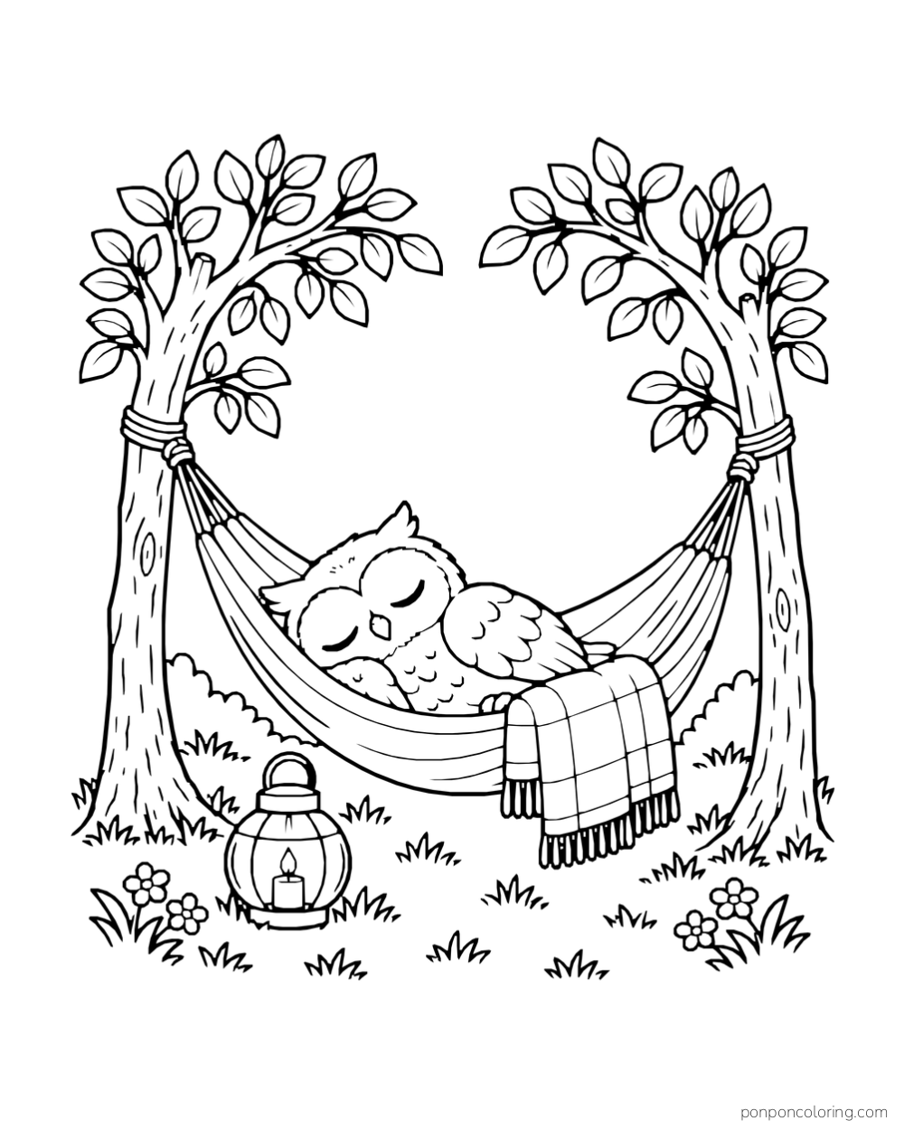 A sleeping owl curls in a hammock between two small trees with a blanket across the edge and a lantern below.