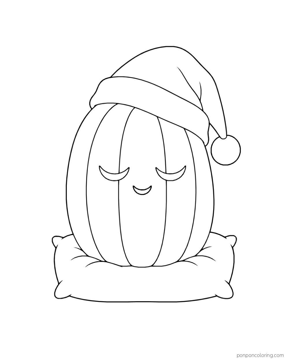 A tall pumpkin with sleepy crescent eyes wears a soft nightcap and rests on a plump pillow.