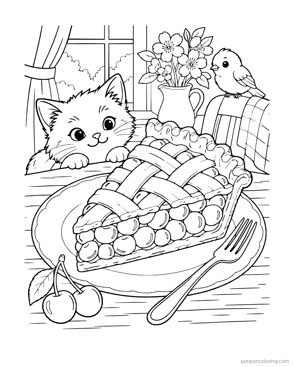 A slice of lattice cherry pie rests on a plate with a fork as a kitten looks on.