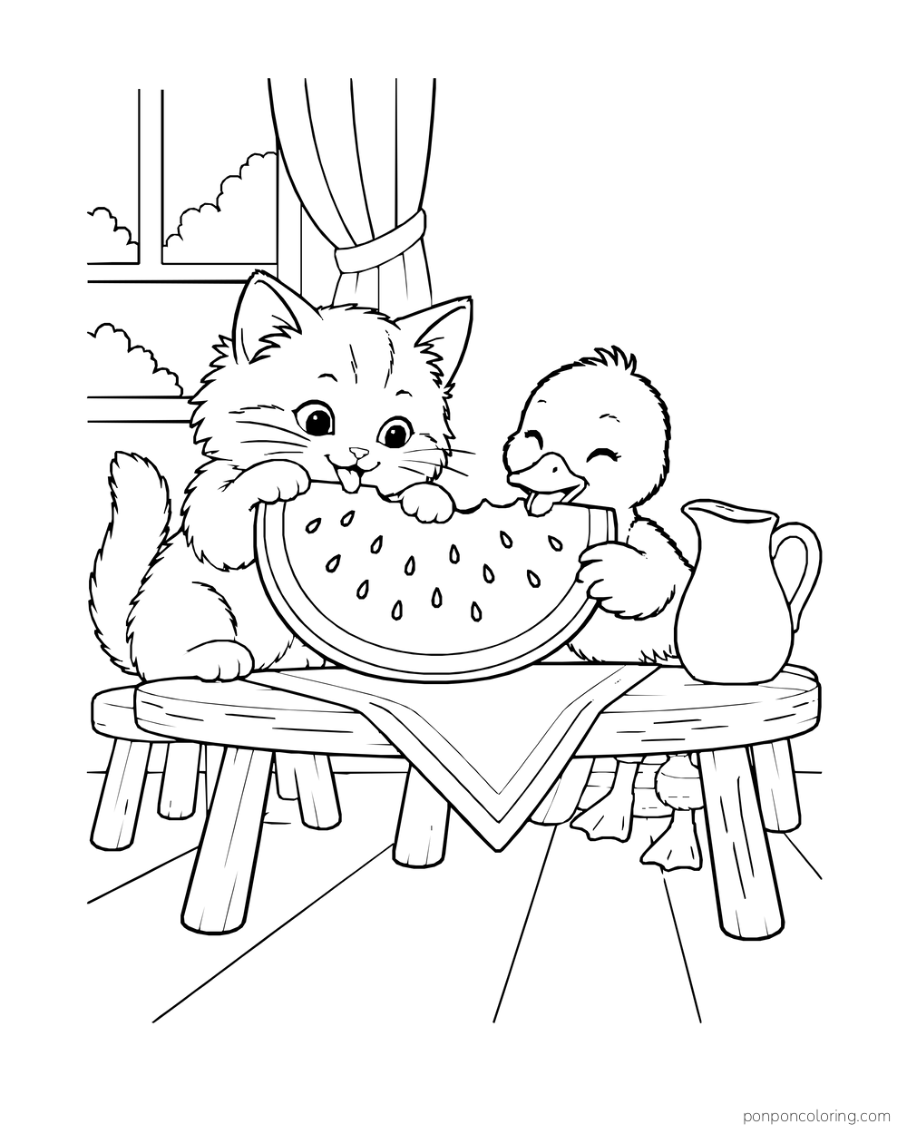 A kitten and duckling sharing one large watermelon wedge at a low table beside a pitcher.