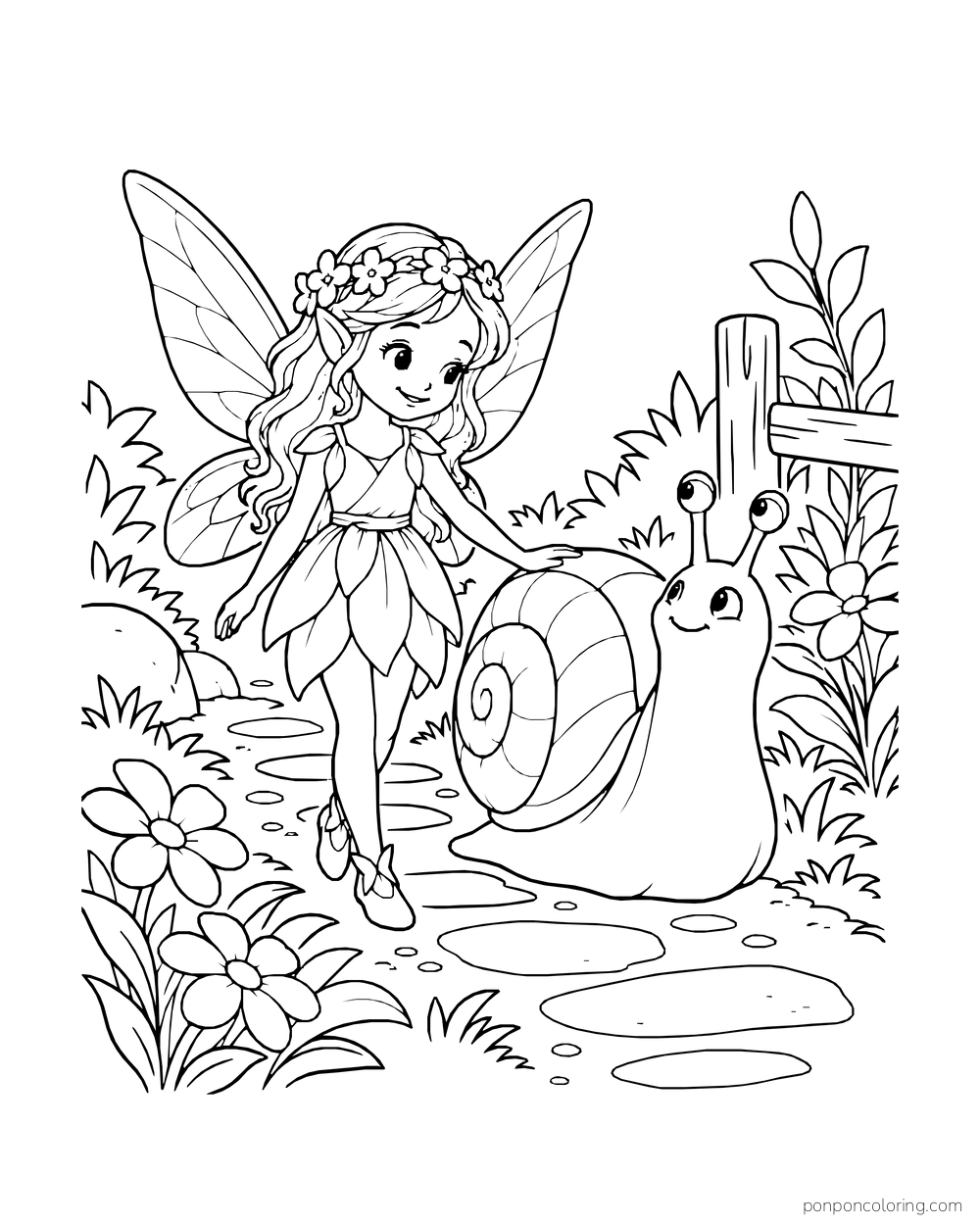 Fairy walking beside a large snail on a garden path with flowers.