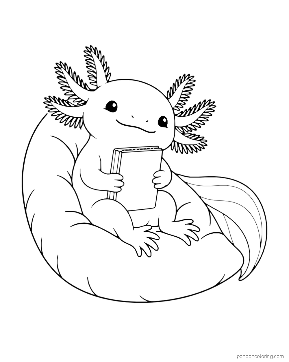 Axolotl holding a closed book while seated in a broad leaf-shaped cushion.
