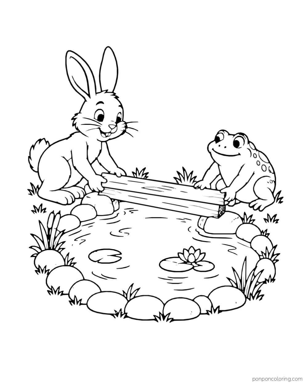 A rabbit and toad meet over a single plank across a little pond.