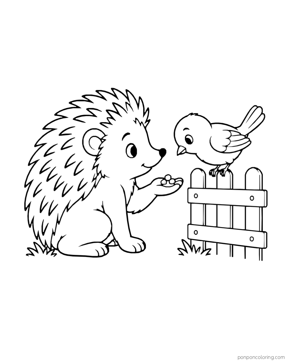 A seated hedgehog offers a small round treat to a bird perched on a short fence.