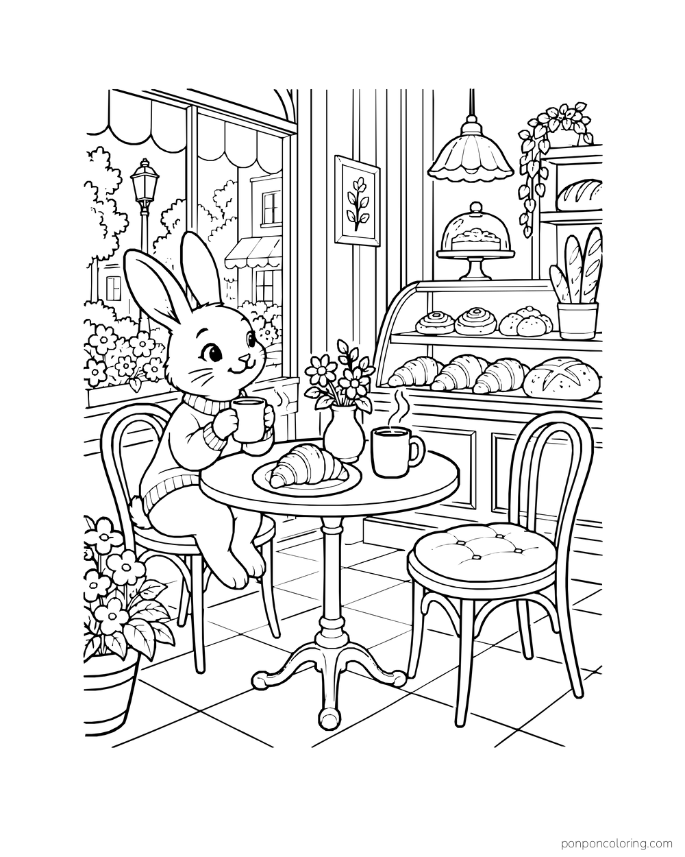 A rabbit enjoys a croissant and mug at a little table by a bakery window.