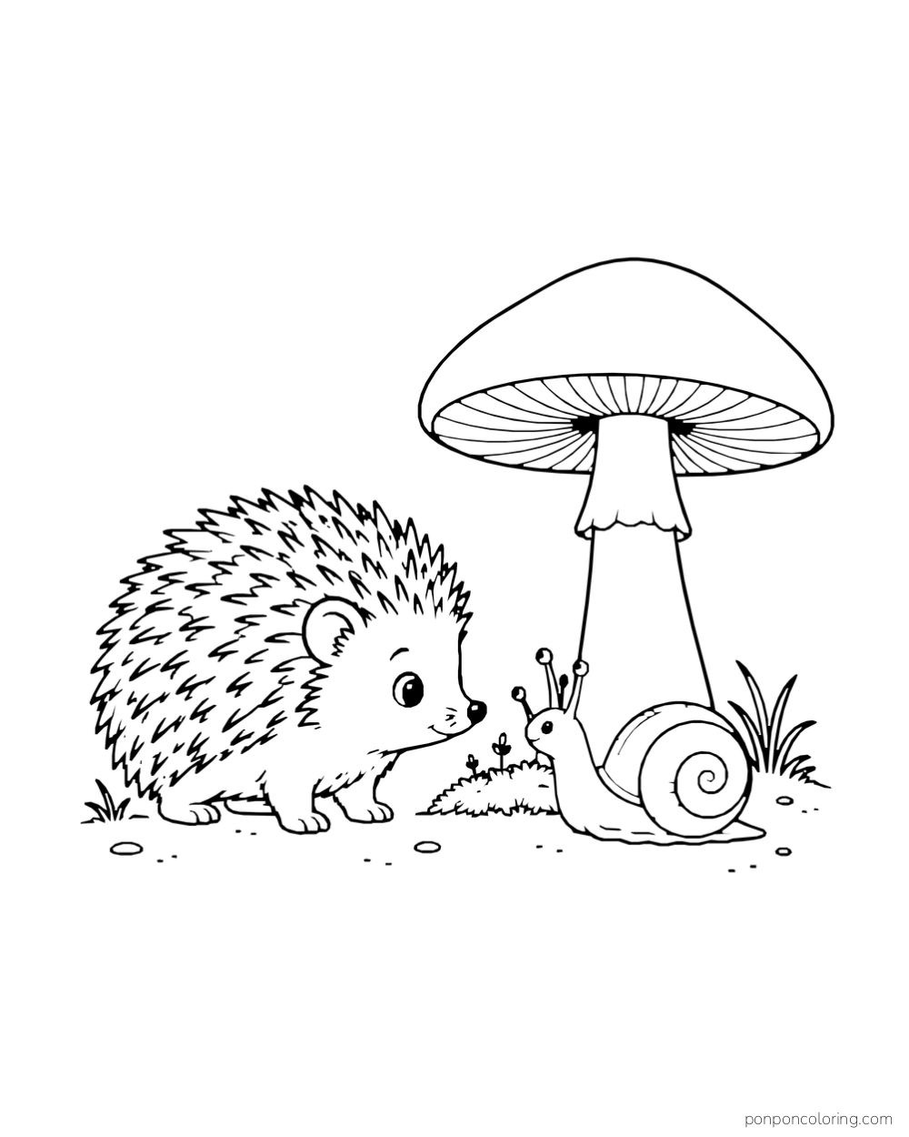 A hedgehog meets a snail under a tall mushroom beside a few grass tufts.