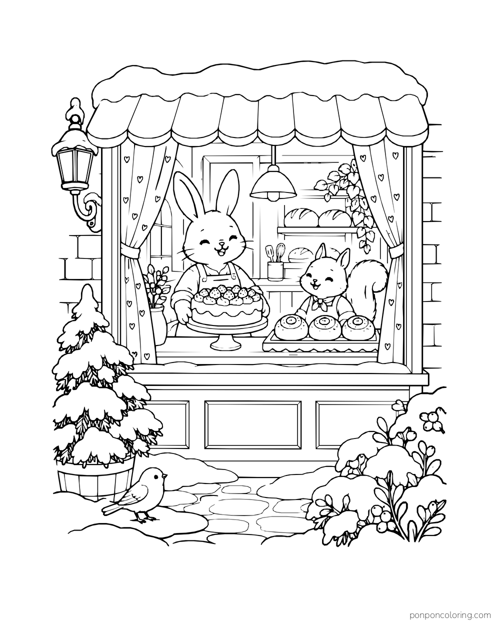 A snowy bakery window displays a cake and buns with a rabbit and squirrel inside.