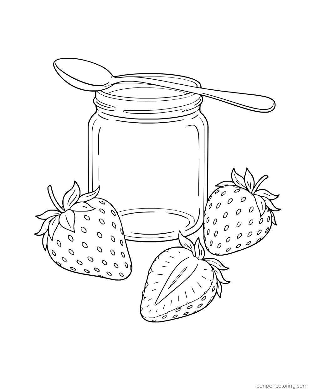 An unlabeled jam jar with a spoon across its rim stands behind two whole strawberries and one cut half.