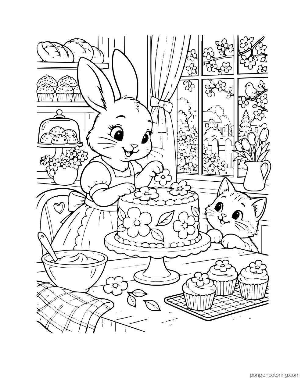 A rabbit baker decorates a flower cake while a kitten watches.