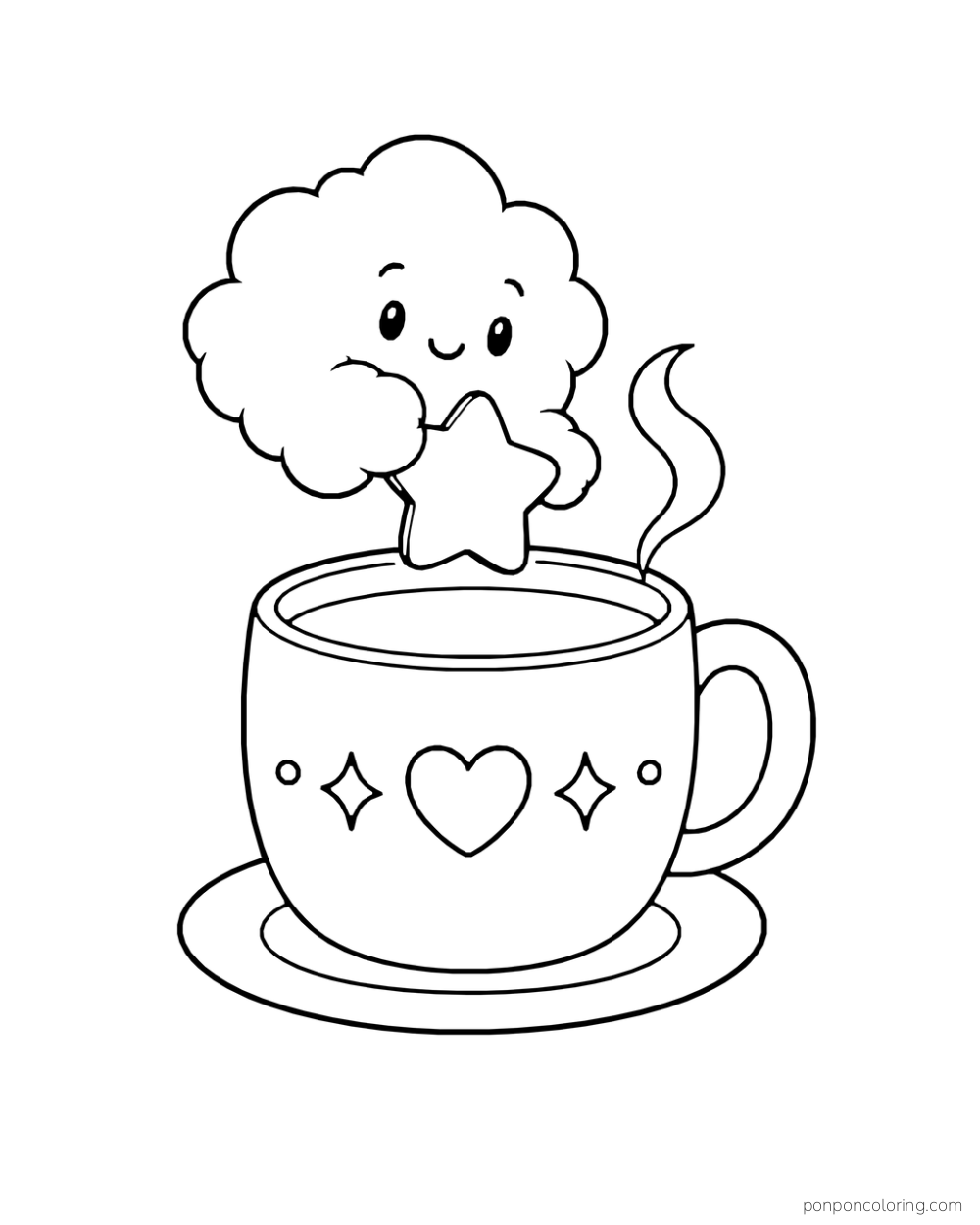 A smiling cloud creature holds a star-shaped marshmallow above a large cocoa mug.